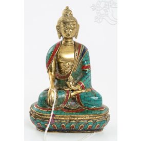   Shakyamuni Buddha réz szobor, kővel berakott, prémium minőség - 14 cm