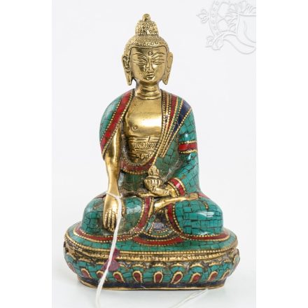 Shakyamuni Buddha szobor réz, kővel berakott, prémium minőség - 14 cm