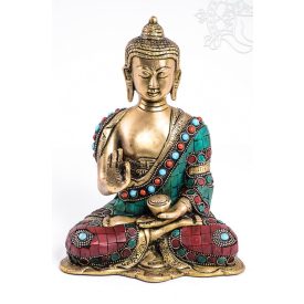   Áldó Buddha réz szobor, alj nélkül, kővel berakott - 21 cm