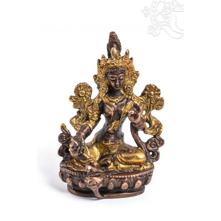 Zöld Tara réz szobor, arany és bronz - 10 cm