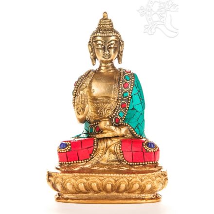 Áldó Buddha szobor réz, kővel berakott-14 cm