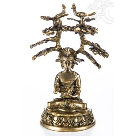   Áldó Buddha bódhi fa alatt réz szobor, matt sárga - 18 cm