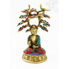 Áldó Buddha bódhi fa alatt réz szobor, kővel berakott - 18 cm