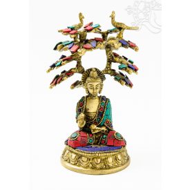   Áldó Buddha bódhi fa alatt réz szobor, kővel berakott - 18 cm