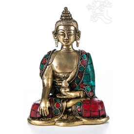 Shakyamuni Buddha réz szobor, kővel berakott - 14cm