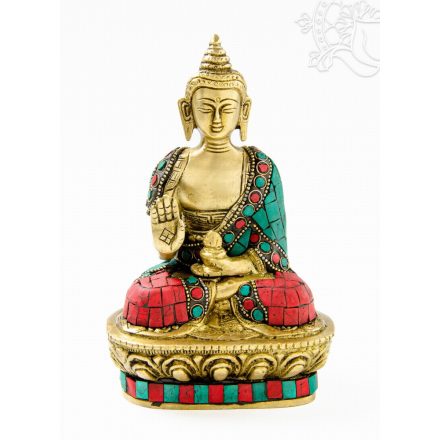 Áldó Buddha réz szobor, matt sárga, kővel berakott - 14 cm
