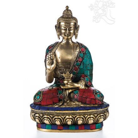 Áldó Buddha réz szobor, kővel berakott - 21cm