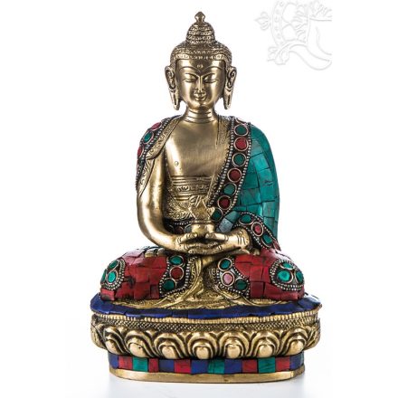 Amitabha Buddha réz szobor, kővel berakott - 21cm