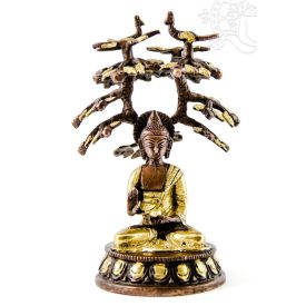   Áldó Buddha bódhi fa alatt réz szobor, arany-bronz - 18 cm