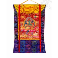 Zöld Tára thangka, aranyozott, brokát keretben
