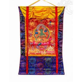 Zöld Tára thangka, aranyozott, brokát keretben