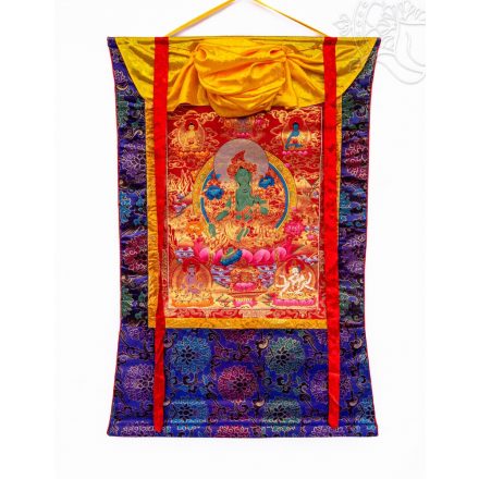 Zöld Tára thangka, aranyozott, brokát keretben