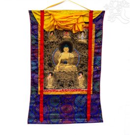 Shakyamuni Buddha thangka, aranyozott, brokát keretben