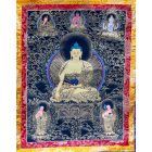 Shakyamuni Buddha thangka, aranyozott, brokát keretben