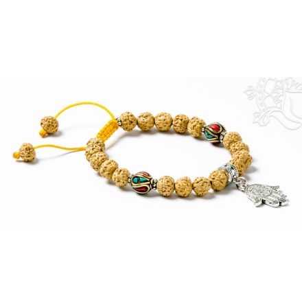 Rudraksha prémium minőség, Buddha tenyér, türkiz-korall osztó, állítható karkötő, csuklómala