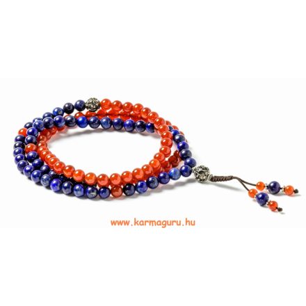 Lápisz lazuli, karneol mala, Om Mani Padme Hum mantrával, állítható