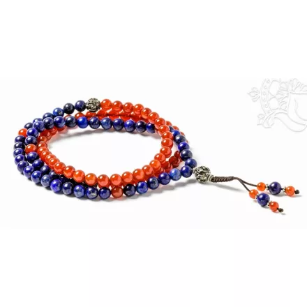 Lápisz lazuli, karneol mala, Om Mani Padme Hum mantrával, állítható