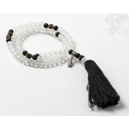 Hegyikristály matt mala, matt fekete onix, rudraksha osztóval, bojtos