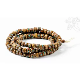   Rudraksha mala, türkiz-korall berakással, prémium minőség. antikolt - állítható