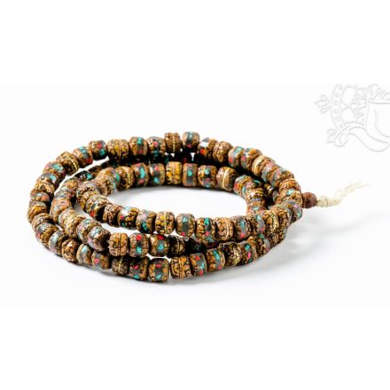 Rudraksha mala, türkiz-korall berakással, prémium minőség. antikolt - állítható