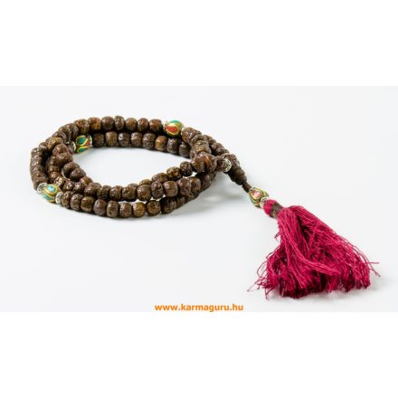 Rudraksha mala, türkiz-korall osztóval, antikolt, prémium minőség, bojtos