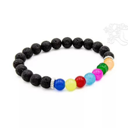 Lávakő, 7 csakra kő, gumis karkötő, csuklómala