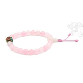   Rózsakvarc csuklómala, türkiz-korall berakásos osztóval, gumis- 21 szemes - a gyengéd nőiesség és érzékenység köve