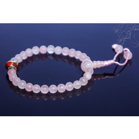   Rózsakvarc csukló mala, türkiz és korall osztóval, prémium minőség, gumis - a gyengéd nőiesség és érzékenység köve