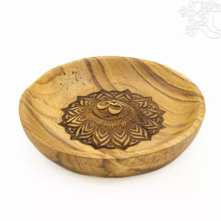 Kerek teak fa füstölő égető mandala és OM szimbólummal – 10 cm