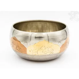   Géppel készített 7 fémes, 3 színű, 5 Buddha dombor mintás hangtál - 12 cm