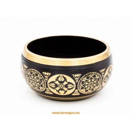 Géppel készített 7 fémes, fekete színű, 5 Buddha dombor mintás hangtál - 9 cm