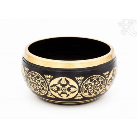 Géppel készített 7 fémes, fekete színű, 5 Buddha dombor mintás hangtál - 9 cm