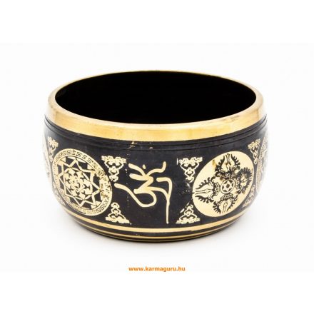 Géppel készített 7 fémes, fekete színű, 5 Buddha dombor mintás hangtál - 11 cm