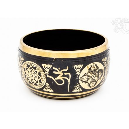 Géppel készített 7 fémes, fekete színű, 5 Buddha dombor mintás hangtál - 11 cm