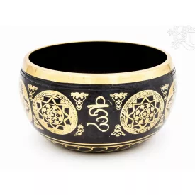   Géppel készített 7 fémes, fekete színű, 5 Buddha dombor mintás hangtál - 14 cm