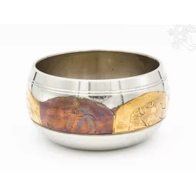   Géppel készített 7 fémes, 3 színű, Buddha dombor mintás hangtál - 12 cm