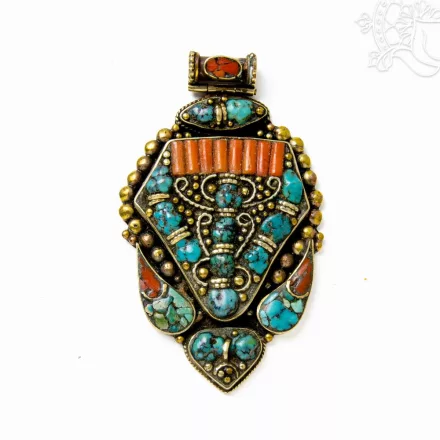 Türkiz és korall díszítésű tibeti medál – 7,5 cm
