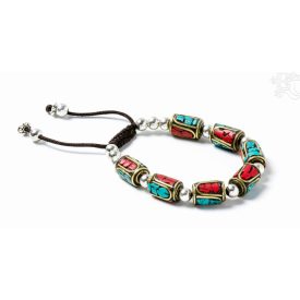   Türkiz és korall berakásos, hosszú szemes, állítható karkötő