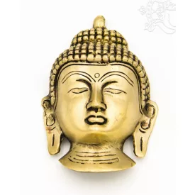 Buddha maszk rézből, matt sárga színű - 12 cm