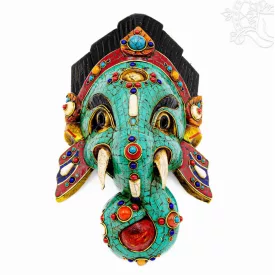 Ganesha faragott fa maszk, mozaikos-kőberakásos