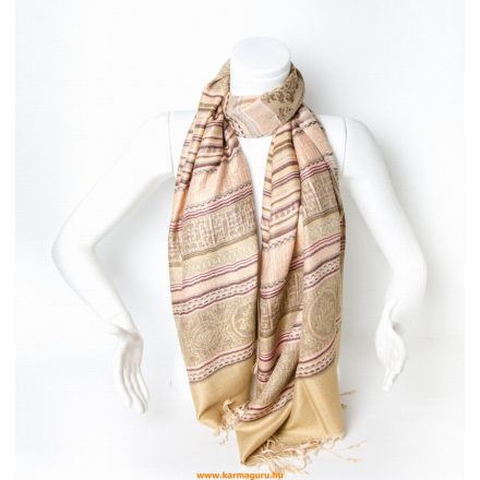 Csíkos pashmina alapú nepáli kendő, sál - barna