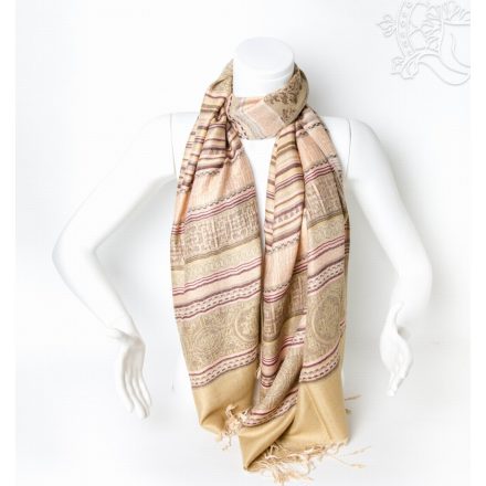 Csíkos pashmina alapú nepáli kendő, sál - barna