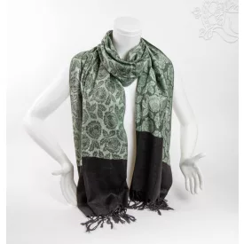 Mintás pashmina alapú nepáli kendő, sál - zöld-fekete