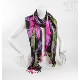   Mintás pashmina alapú nepáli kendő, sál - rózsaszín-fekete-zöld
