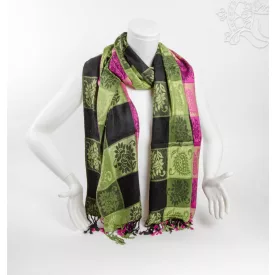   Mintás pashmina alapú nepáli kendő, sál - rózsaszín-fekete-zöld