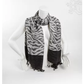   Mintás pashmina alapú nepáli kendő, sál - szürke-fekete