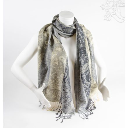 Mintás pashmina alapú nepáli kendő, sál - bézs-szürke