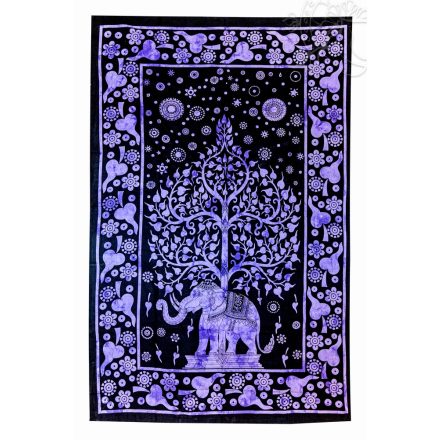 Életfa és elefánt ágytakaró, falidísz - lila-fekete, 130x200 cm