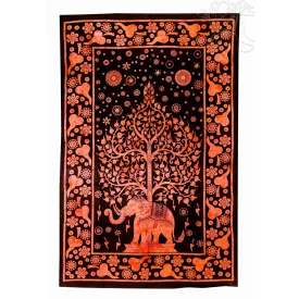   Életfa és elefánt ágytakaró, falidísz - narancs-fekete, 130x200 cm