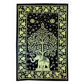   Életfa és elefánt ágytakaró, falidísz - sárga-fekete, 130x200 cm